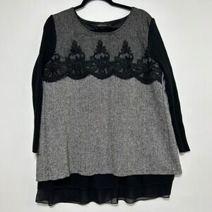 Artsy Lagenlook Lace Appliqué Tunic Top Textured Knit Layered Chiffon Hem XL